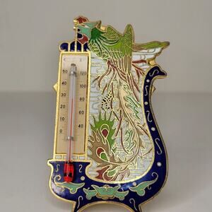 Vintage Asian Dragon Cloisonné Enamel Brass Thermometer with Stand